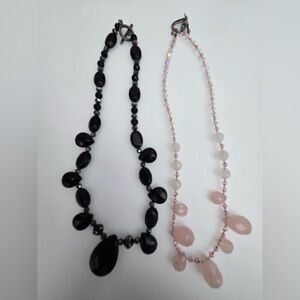 2 Pc Necklace Set Black Statement & Pink Crystal Beaded Necklaces Toggle Clasp